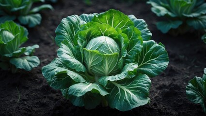 A young white cabbage plant in the soil of the vegetable garden.