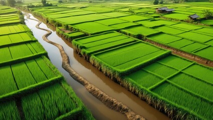 Aerial perspective of vibrant green rice fields featuring a small, meandering canal.