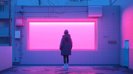 1980 anime, illustration city pop anime young woman standing in a quiet alley at dusk, soft light glowing from windows, bold black outlines and simple, solid colors. Design similar to pop art with