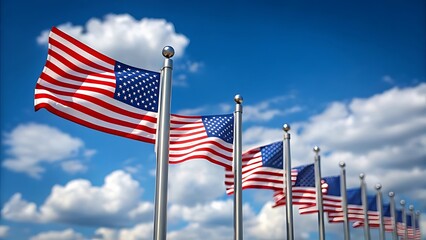 Row of American flags waving against a bright blue sky, symbolizing patriotism, freedom, and national pride.