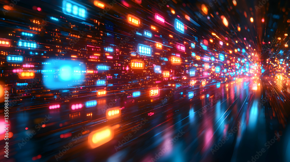 Poster futuristic digital landscape featuring vibrant glowing blocks and data streams. suitable for tech pr