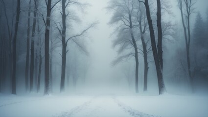 Naklejka premium A snowy landscape featuring bare trees blanketed in fresh snow, with a cloudy sky and faint outlines of distant trees or bushes. A serene and tranquil moment in nature.