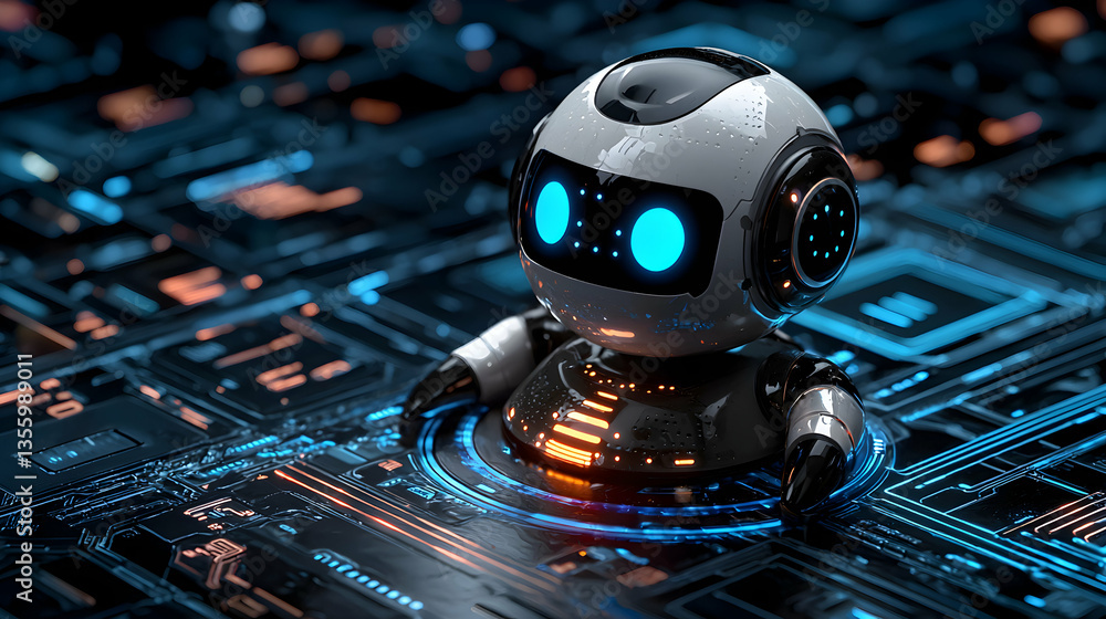 Poster a cute robot sits on a circuit board. this image could be used for science fiction themes artificial