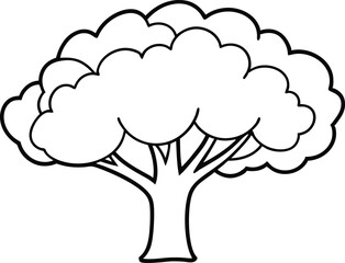 Cartoon tree outline coloring book page, Tree line art vector drawing illustration