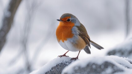 A unique and beautiful bird is perched on a branch searching for food in the snow. Its chest color is fantastic, and it has large black eyes. Songbird. Adorable little bird in the woods.