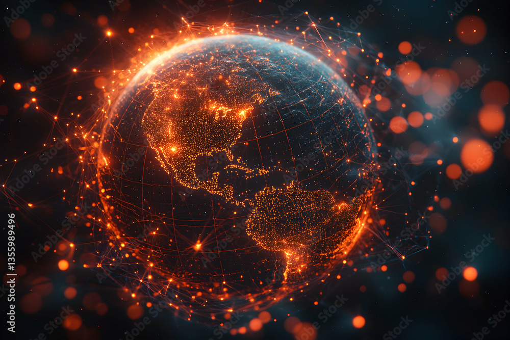 Poster a digital rendering of earth with glowing networks highlighting global connectivity. useful for illu