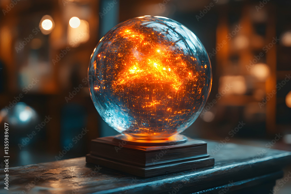 Poster glowing orb on a stand. it seems to contain a network of energy or data. excellent visual for scient
