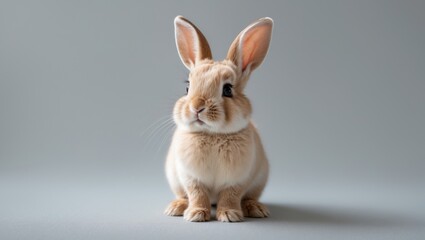 Obraz premium Adorable baby rabbit bunnies gazing at something while playfully sitting against a plain background. Lovely furry bunny with playful ears and copy space.