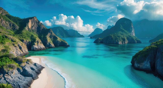 Aerial perspective of renowned beach, recognized as one of the most stunning beaches.