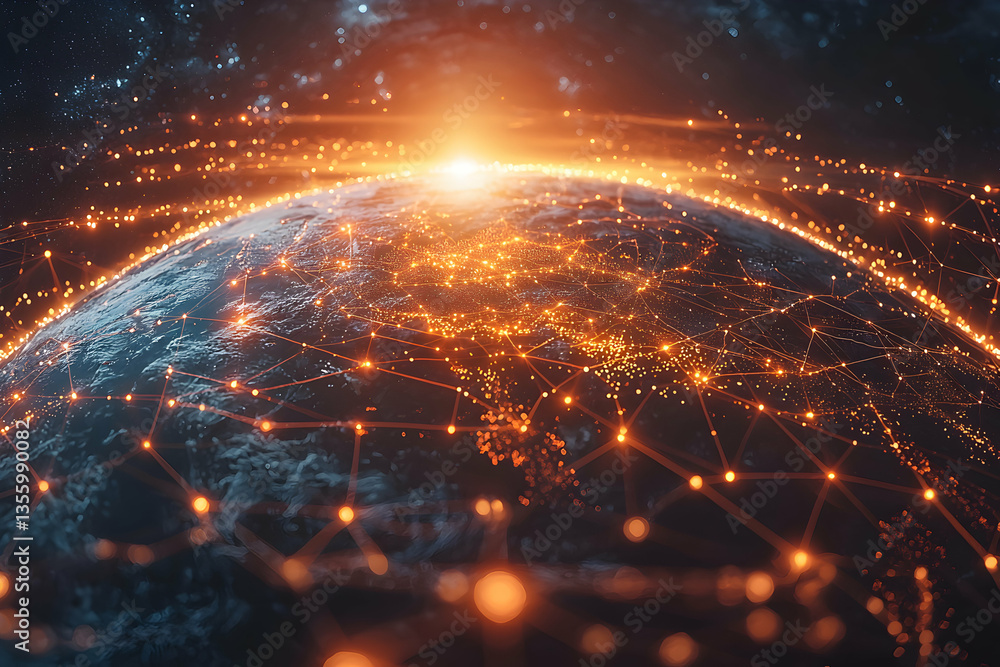 Poster a digital globe is enmeshed in a network of glowing lines and points representing global connectivit