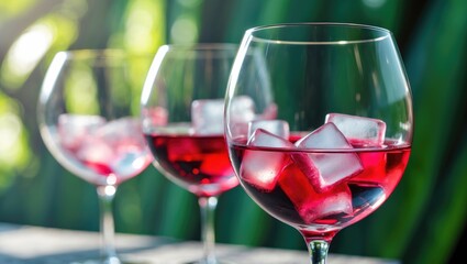 A glass of wine containing ice cubes, red wine, pink vermouth, and a red beverage. Cocktail making, iced wine, selective focus.