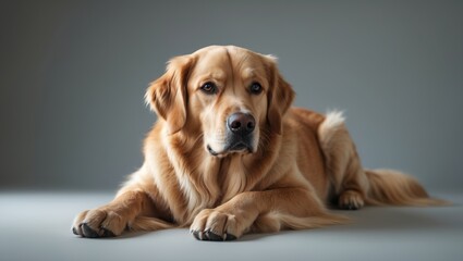 Beautiful Golden Retriever resting alone against a background.