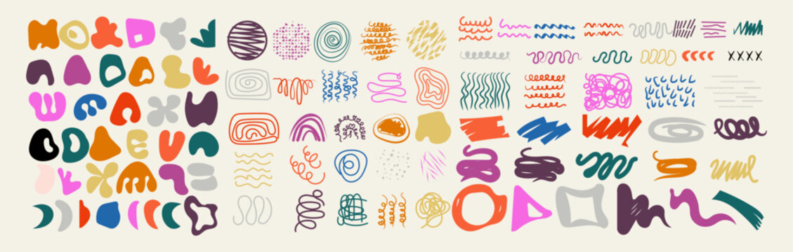 A big collection of handdrawn abstract shapes, doodles, scribbles, and textures. Modern, colorful design elements for creating unique patterns and backgrounds.