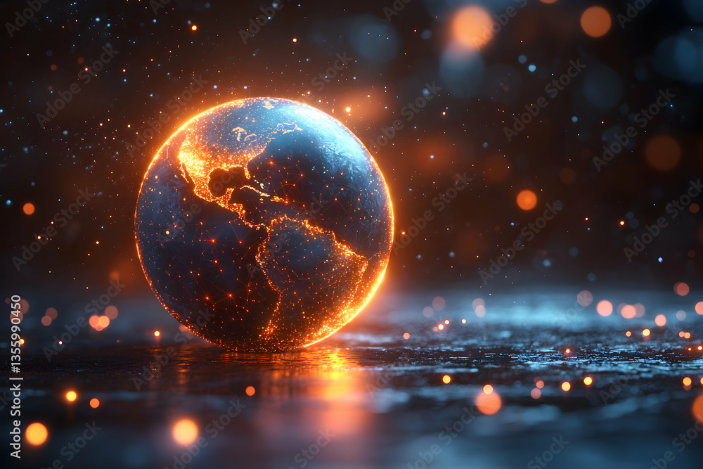 Poster a glowing globe reflects light casting a futuristic sci-fi visual. suggesting global network energy 