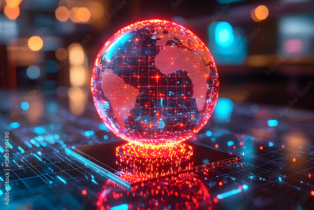 Poster a glowing digital globe with continents highlighted by red light sits on a circuit board symbolizing
