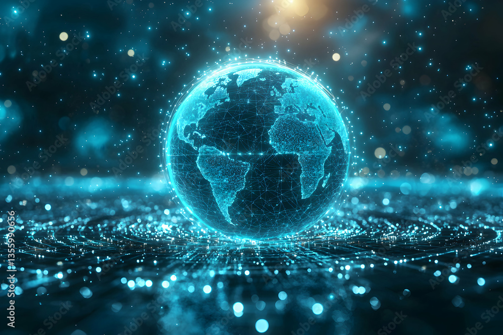 Poster a glowing digital earth with a network of lines and particles. perfect for tech internet and global 