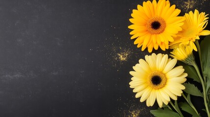 Yellow gerbera flowers elegantly arranged on a dark gray surface