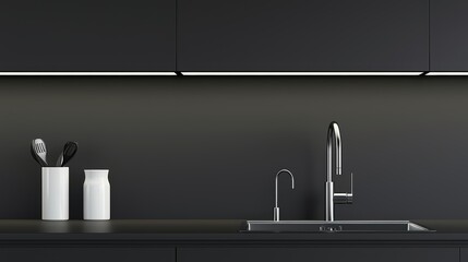 Modern black kitchen with integrated lighting, handleless cabinets, and a seamless countertop, creating a bold and elegant look