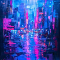 Fototapeta premium glowing neon cityscape at night, vibrant colors of blue, pink, and purple, reflecting on wet streets, futuristic and dynamic atmosphere