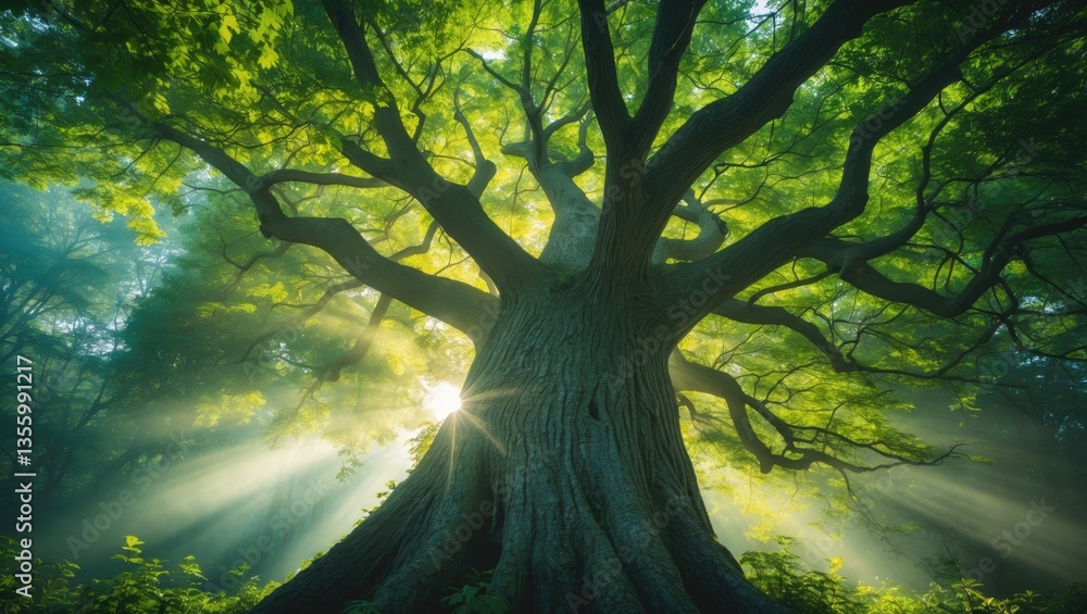 Poster sun rays filtering through branches