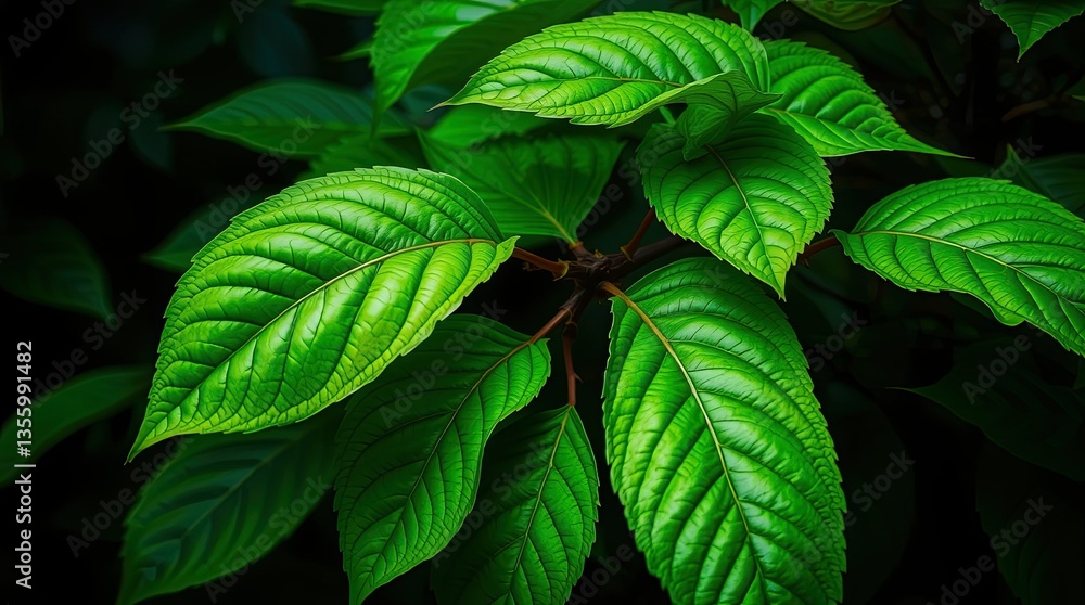 Poster lush green leaves catch sunlight in a dense forest displaying intricate patterns and textures emphas