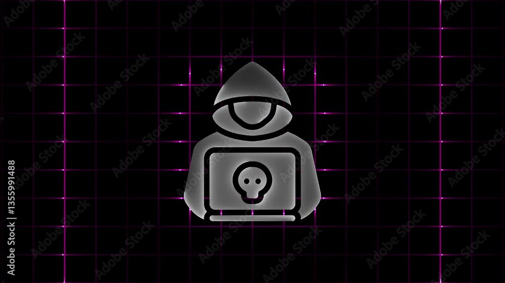 Poster glowing neon hooded hacker icon animation , anonymous, dark, computer, cyber hacker.