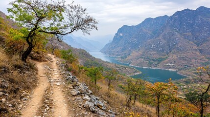 Serene Autumnal Mountain Lake View from Hiking Trail