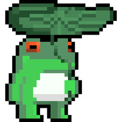 Pixel green frog with lotus leaf.