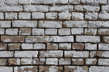 A weathered white brick wall displays uneven textures and colors. The surface reveals signs of aging, with light and shadows enhancing its rustic charm in natural daylight