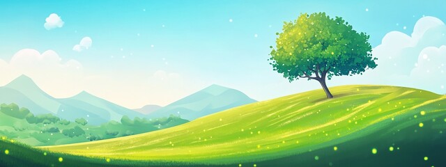 Fototapeta premium Lonely Tree on a Rolling Green Hill Under a Sunny Sky