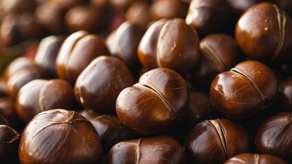 Obraz premium baked chestnuts closely arranged, brown edible items