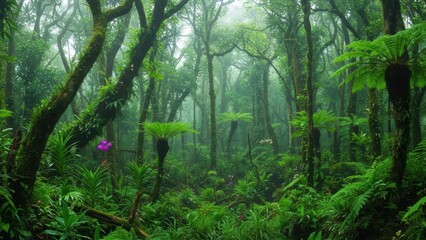 Fototapeta premium Lush green forest shrouded in mist with vibrant plant life.