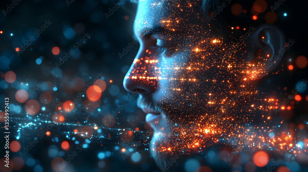 Poster a futuristic portrait of a man's face with glowing particles. suggests ai transformation or data vis