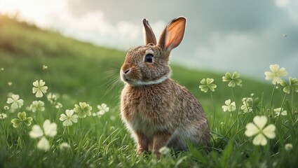 Fototapeta premium A wild rabbit remains watchful in a vibrant green field, among blooming clover flowers, capturing a tranquil and natural moment of wildlife in its habitat.