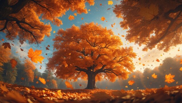 Beautiful autumn day, orange maple tree in the forest, falling autumn leaves under sunny skies. Background, template, and wallpaper for seasonal change and vibrant colorful foliage concept.