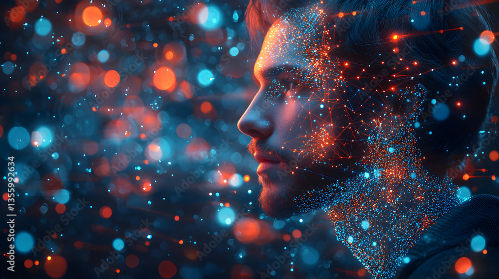 Poster this image shows a man's profile with interconnected data visualization. perfect for futuristic tech