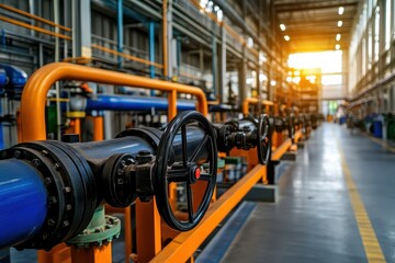 Industrial Pipeline System with Valves in Factory Setting at Sunset
