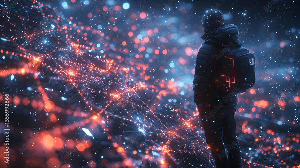 Poster a person stands observing a network of data illuminated with red and blue lights suggesting cyberspa