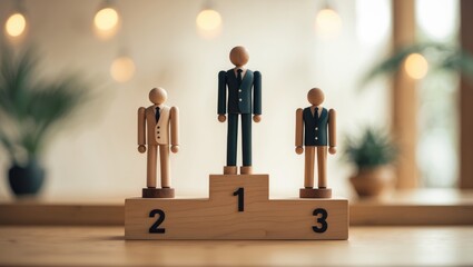 Achievement concept. Wooden podium with a figure standing on top, representing the ranking of winners in business and sports competitions, with space for text.