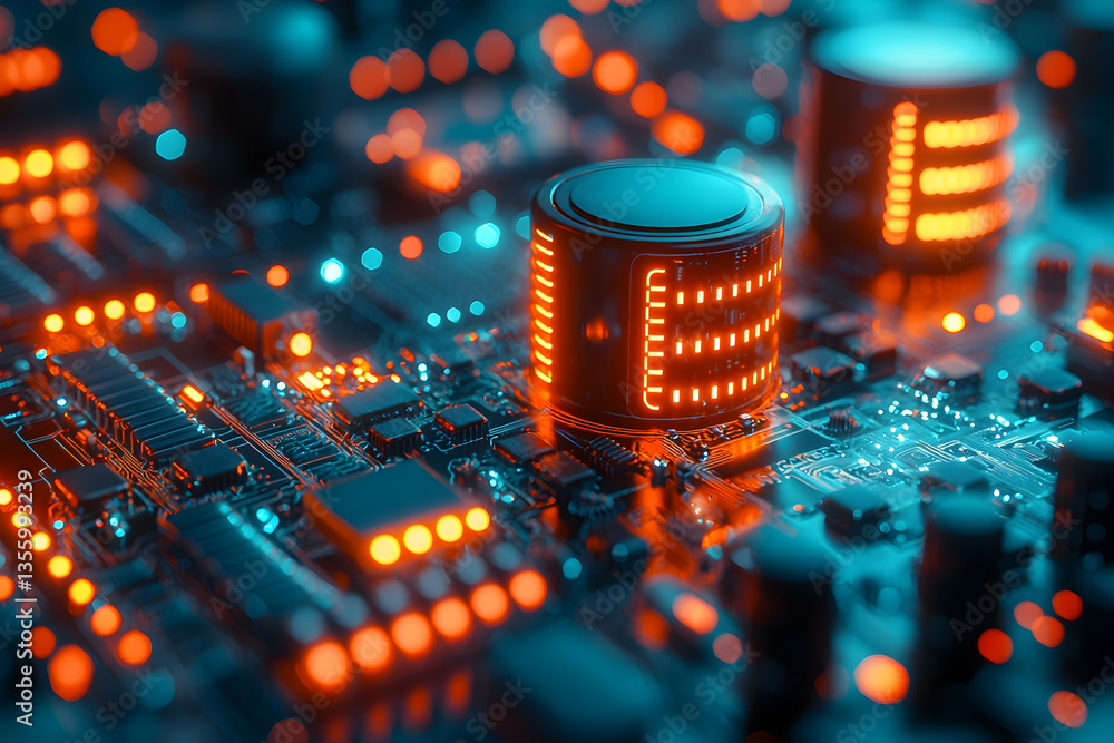 Poster futuristic circuit board design with glowing components. suggests data processing power and network 