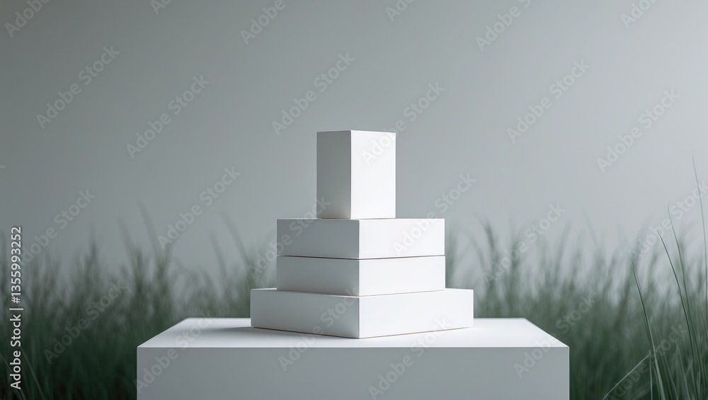 Poster abstract minimal nature scene - vacant stage and white podium on gray backdrop with soft grass shado