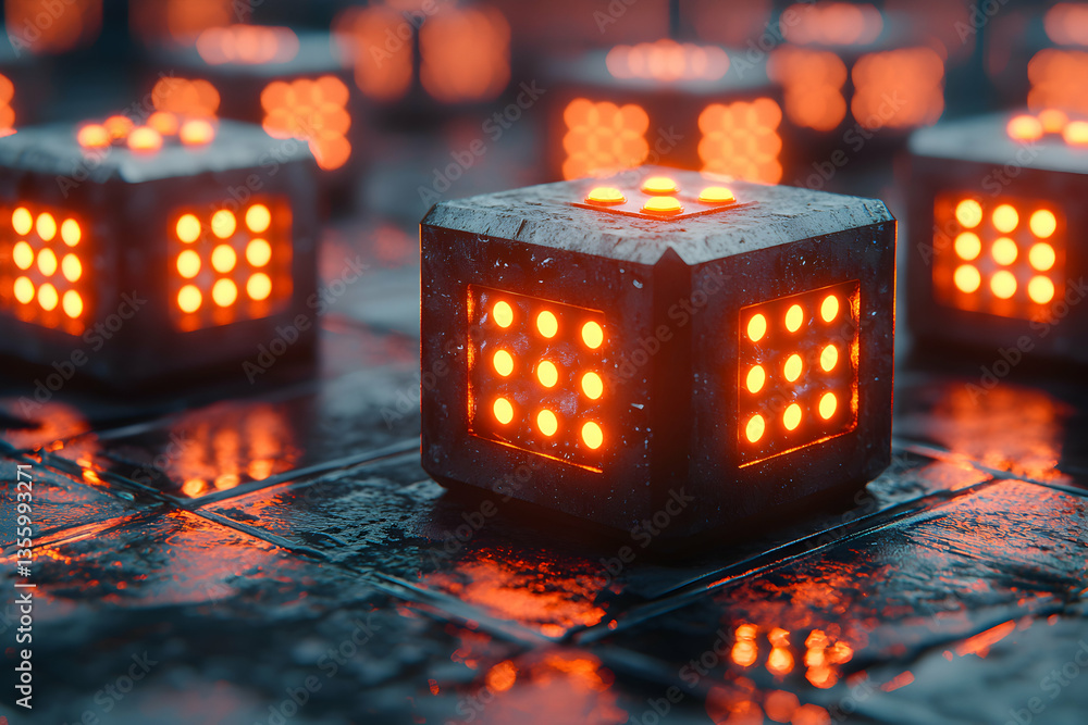 Poster futuristic glowing cubes on a wet surface creating a sci-fi aesthetic. use for technology-themed gam