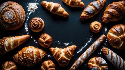 Bakery - different types of bread products. Bread rolls, sweet buns, and croissants photographed from above (top view, flat lay). Dark background, ample copy space. Horizontal banner design.
