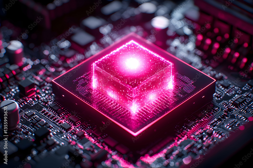 Poster a close-up of a glowing computer processor on a circuit board emitting pink light. great for technol