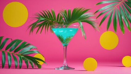 Beach resort. Stunning tropical palm tree in a large martini glass against a pink backdrop. Space for advertisement or text. Modern design. Conceptual, contemporary art collage.