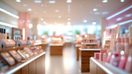 Abstract blurred view of cosmetics department store in the mall.