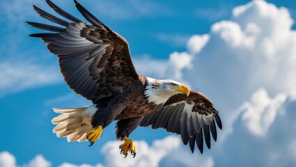 Adult sea eagle soaring through the sky. Scientific name Haliaeetus pelagicus. Background of clouds. Natural habitat.