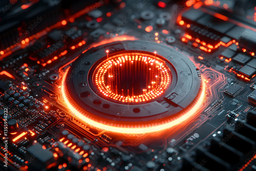 Poster an abstract image of a futuristic glowing circuit board with a central core radiating energy ideal f