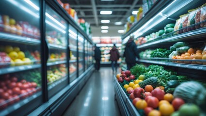 Blurry interior view of a large refrigerator filled with various fresh fruits and vegetables.