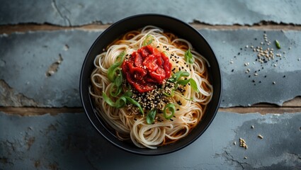 Bashu cold noodles topped with chili paste, spring onion, and sesame seeds served in a bowl isolated on a wooden table, showcasing a side view of fast food.